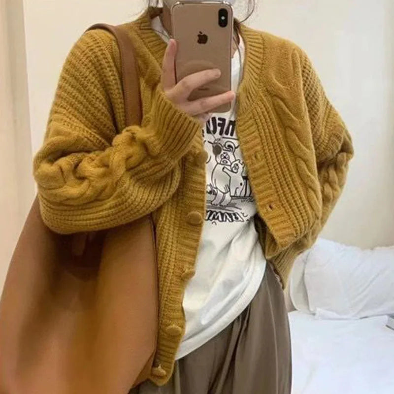 Autumn Twist Knitted Cardigan Womem Winter Thicken Warm O Neck Sweater Jacket Female Solid Button Up Long Sleeve Crop Knitwear