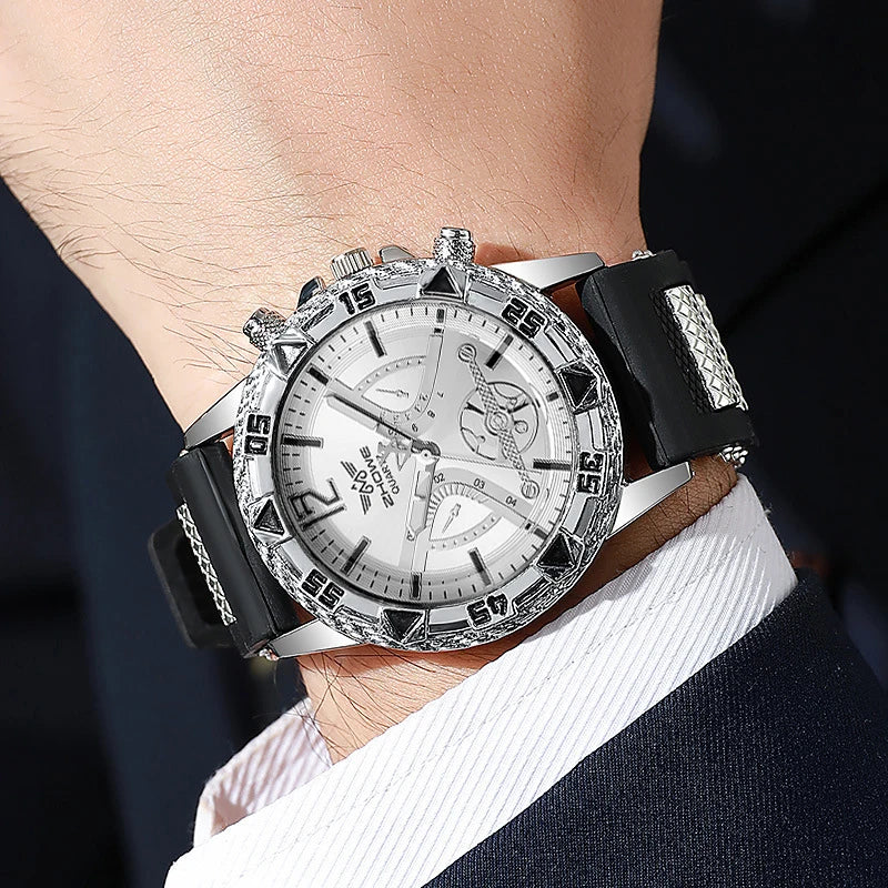 4PCS Fashion Arabic Dial Men Business Quartz Watch CasuSilicone Strap Wristwatch With Necklace Set Reloj Hombre (Without Box)