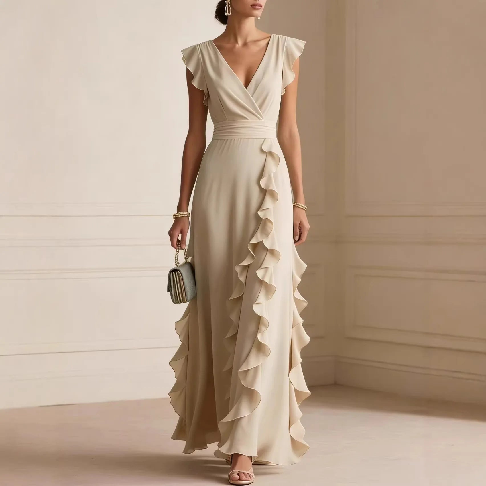Ruffled Short V-Neck Long Dress Umbrella Skirt Feifei Sleeve For Womem