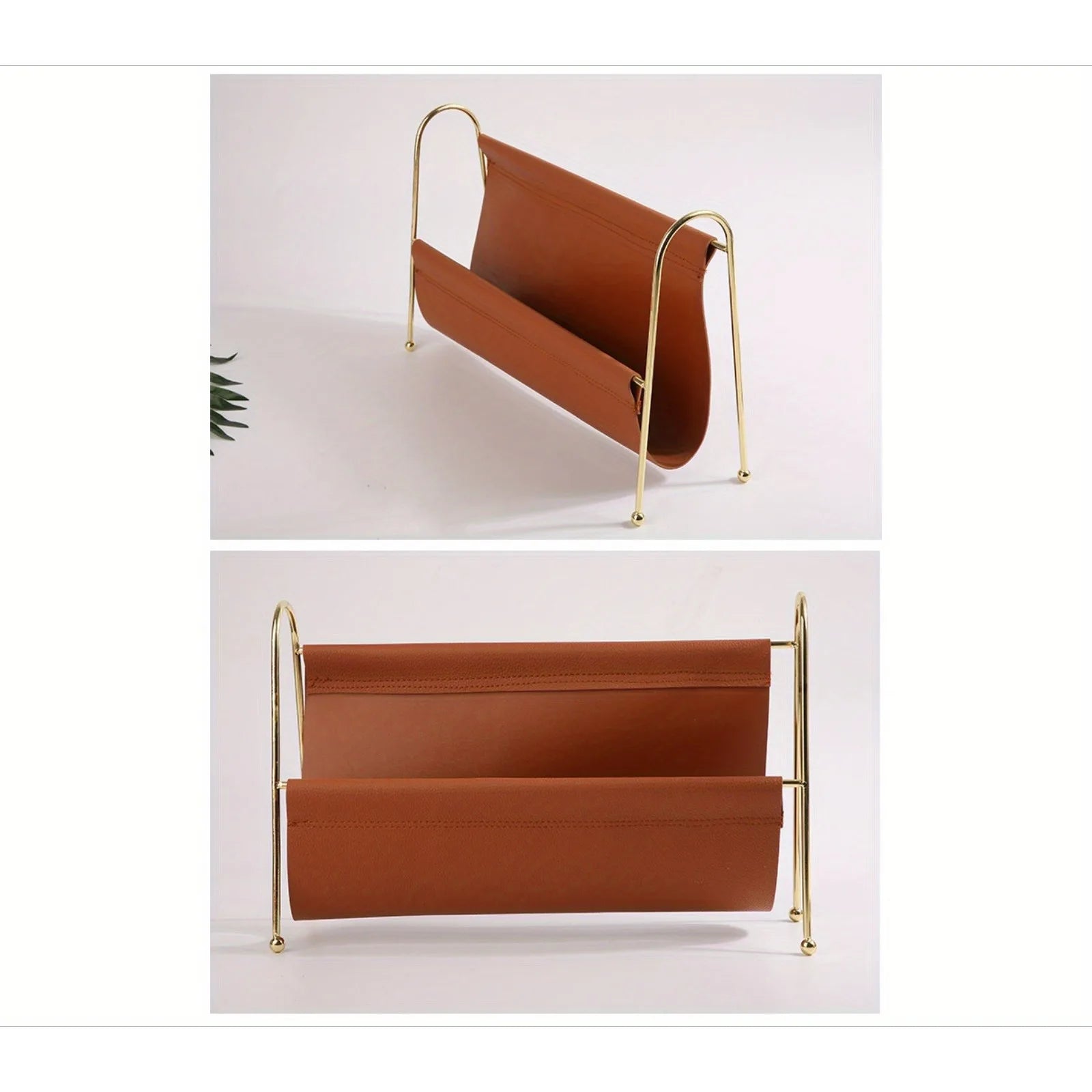 Nordic Metal Magazine Rack - Faux Leather Desk Organizer with Gold Frame, Compact Storage for Home Office/Bookshelf Decor