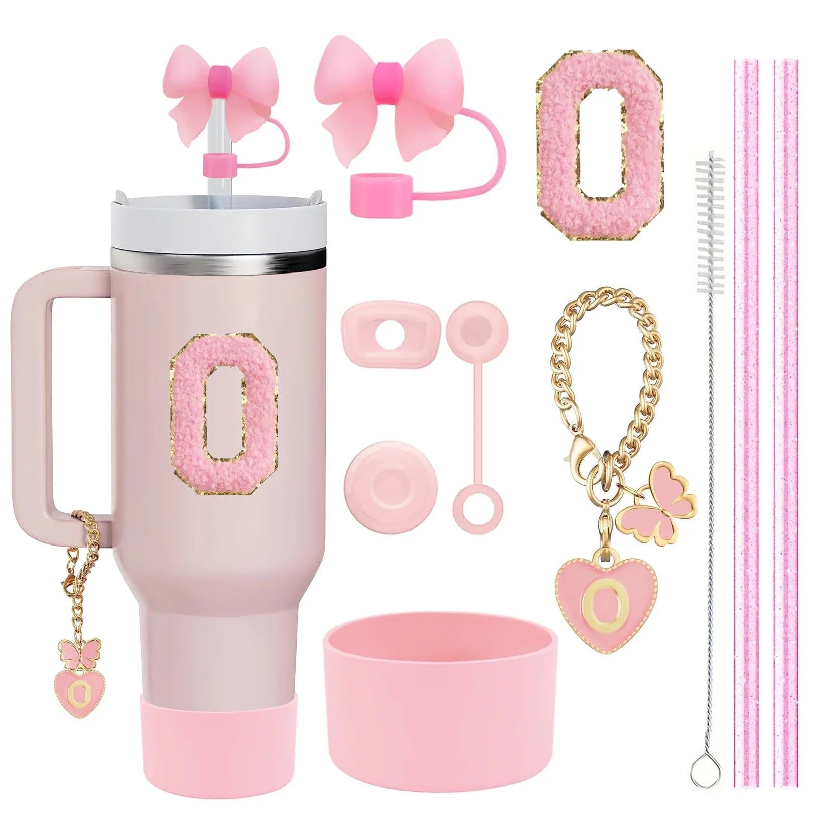 10PCS Accessories Set for Stanley Cup, 2 Straw and Brush and 1 Flower Charm Chain 3 Spill Proof Stopper Flowers Straw Cover Boot