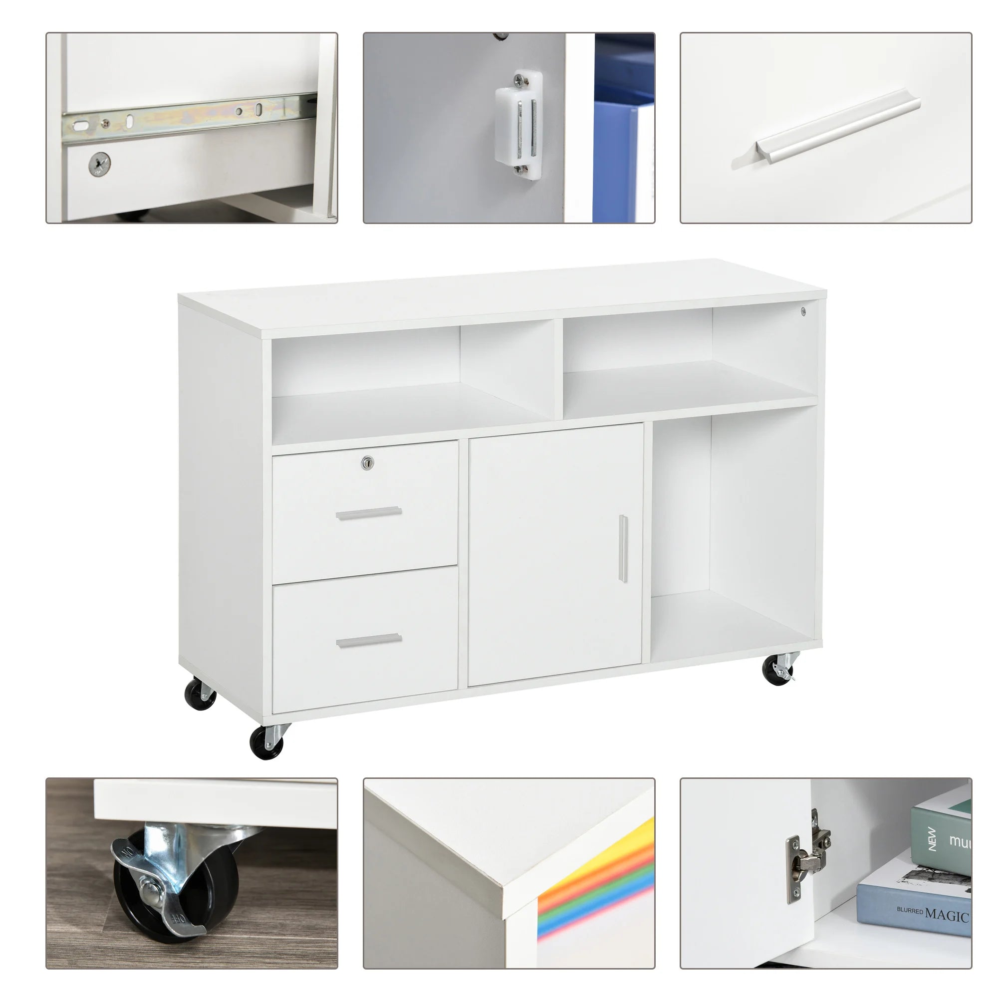 HOMCOM office furniture with wheels drawers and shelves 100x35x65 cm White