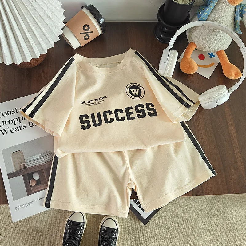 2026 New Summer Sporty Style Children Sets Letter Pattern Tee+Striped Shorts 2Pcs Clothes Short Sleeve Cotton Boys Girls Suit