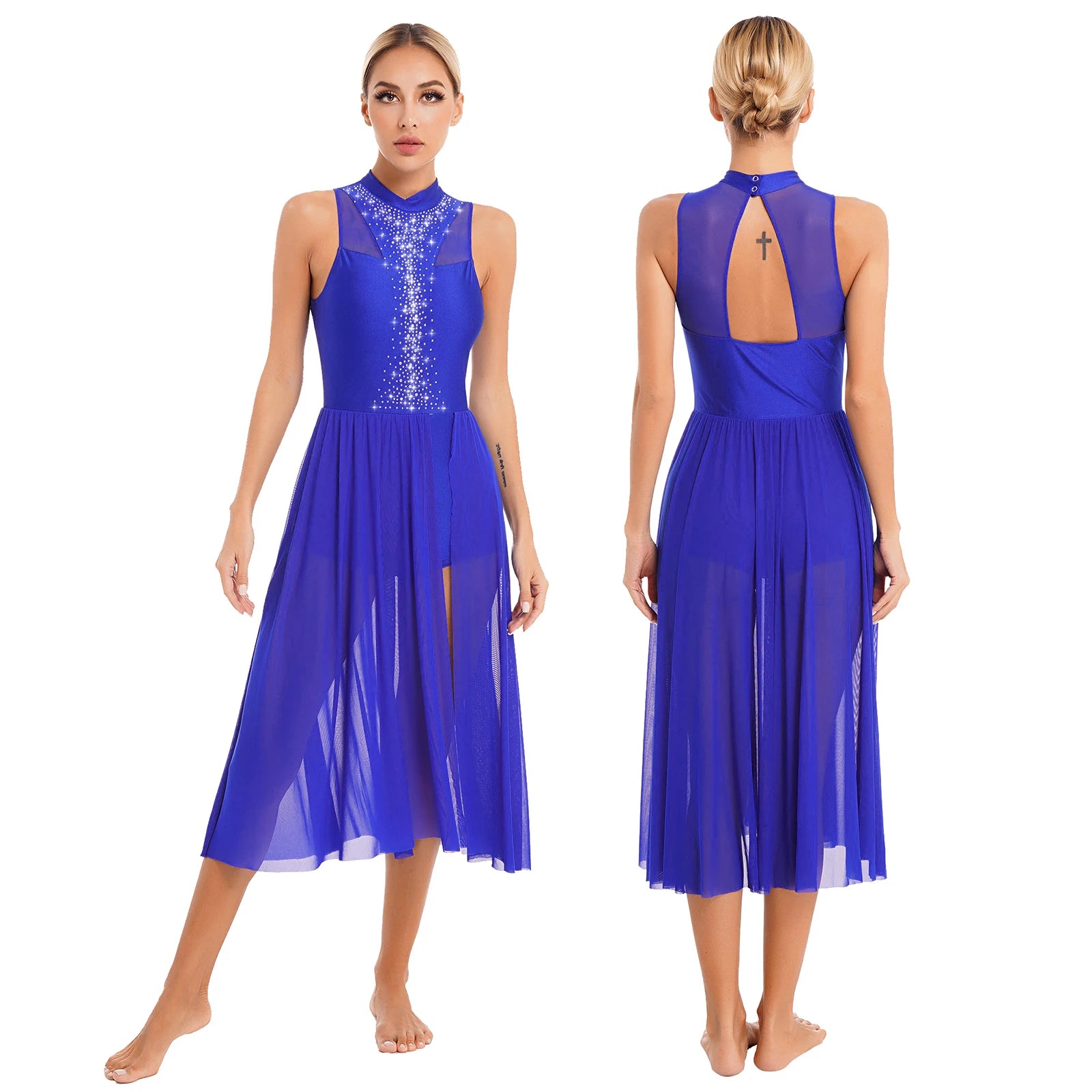 Womens Ballet Lyrical Dance Dress Cutout Back Full Length Overlay Leotard Costume Latin Rumba Tango Maxi Dress Long Dancewear