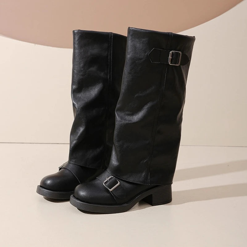 Vintage Thick Heel Women Knee High Boots Fashion Ladies Belt Buckle Knight Long Booties Botas De Inverno Feminina