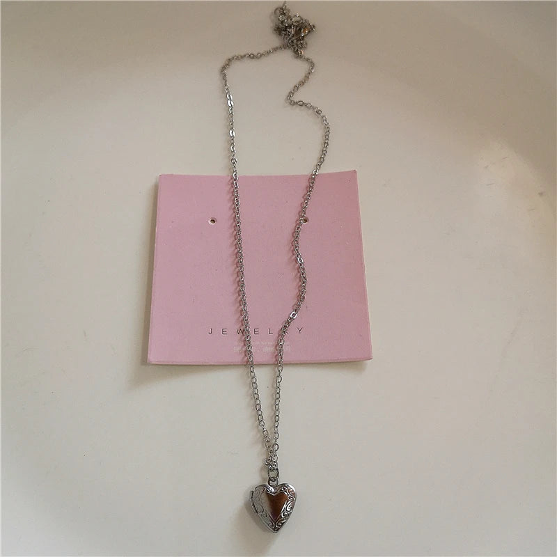 Goth Y2k Aesthetic Heart Locket Pendant Open Female Silver Color Stainless Steel Photo Frame Charm Necklace Women EMO Jewelry