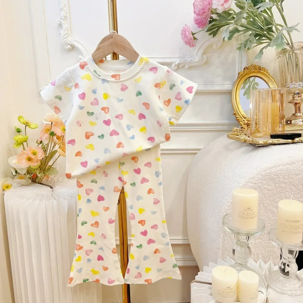 Girls Summer Colorful Printed Suit New Short Sleeved T-shirt + Trumpet Pants 2 Pcs Set Casual Clothes 2-7 Years