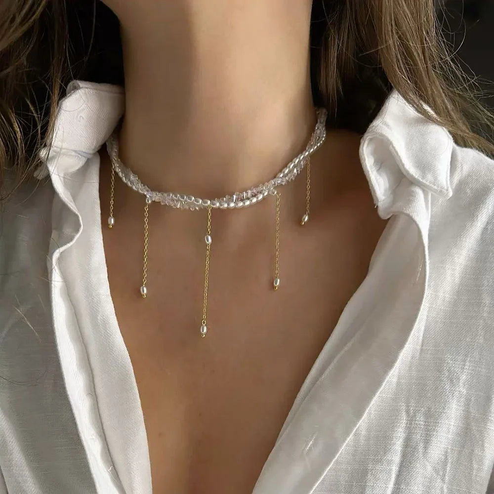 Fashion Tassel Chain Pendant Necklace For Women Boho Transparent Crystal & Imitation Pearl Chain Jewelry Valentine's Gift N0538