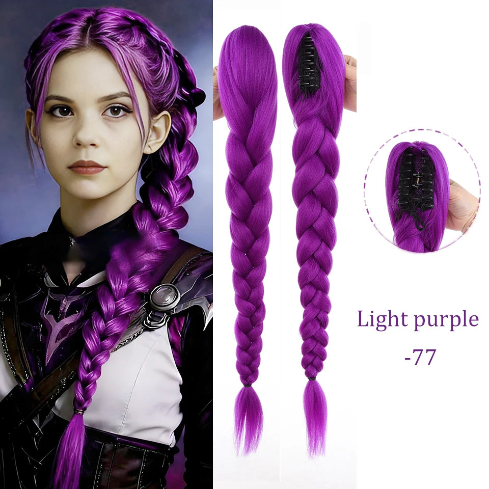 28inch Synthetic Hair Long Braided Purple Hair Ponytail Extensions Rumi Hairstyle Claw Clip Hair Wig for Kids for Chritmas Party