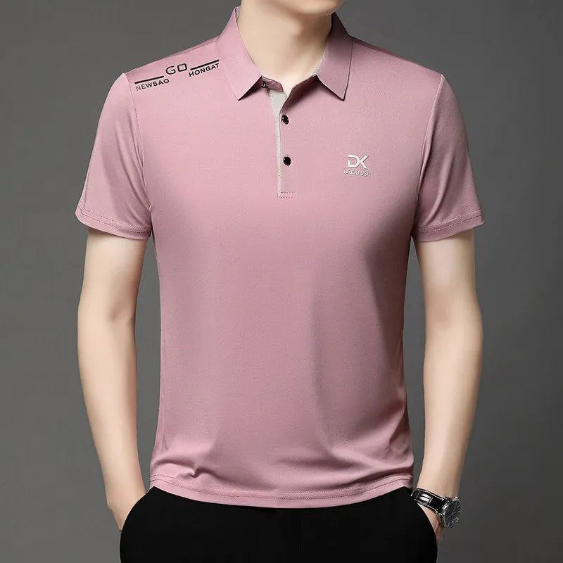 New Men's Business Casual Short Sleeved Shirt with Badge Solid Color Polo Shirt Fashionable Breathable Comfortable Versatile Top
