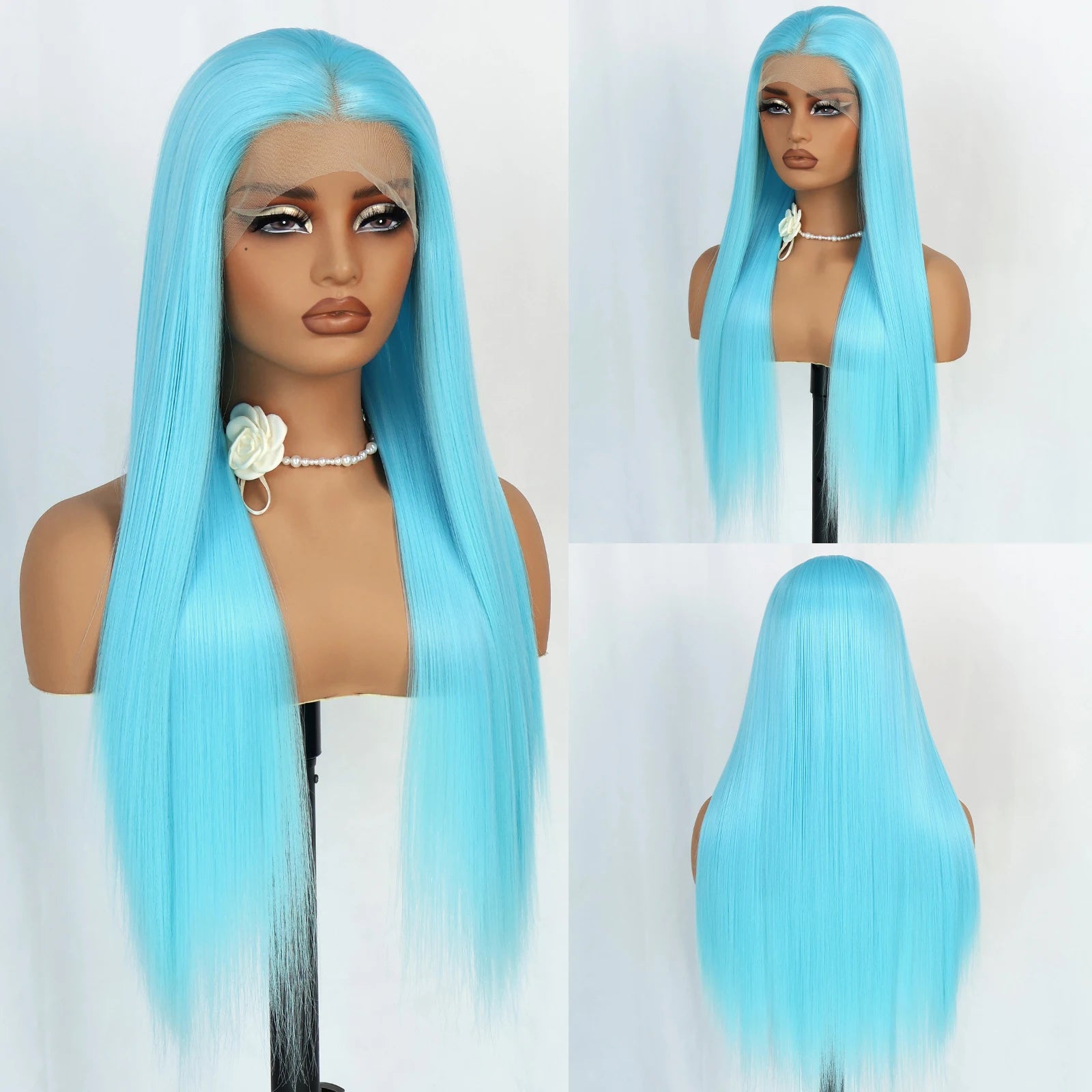 Aubree Synthetic Wigs Blue Hair 13*4 Lace Front Wigs For Daily Use Party Time Long Straight 28 inches 180% Density Glueless