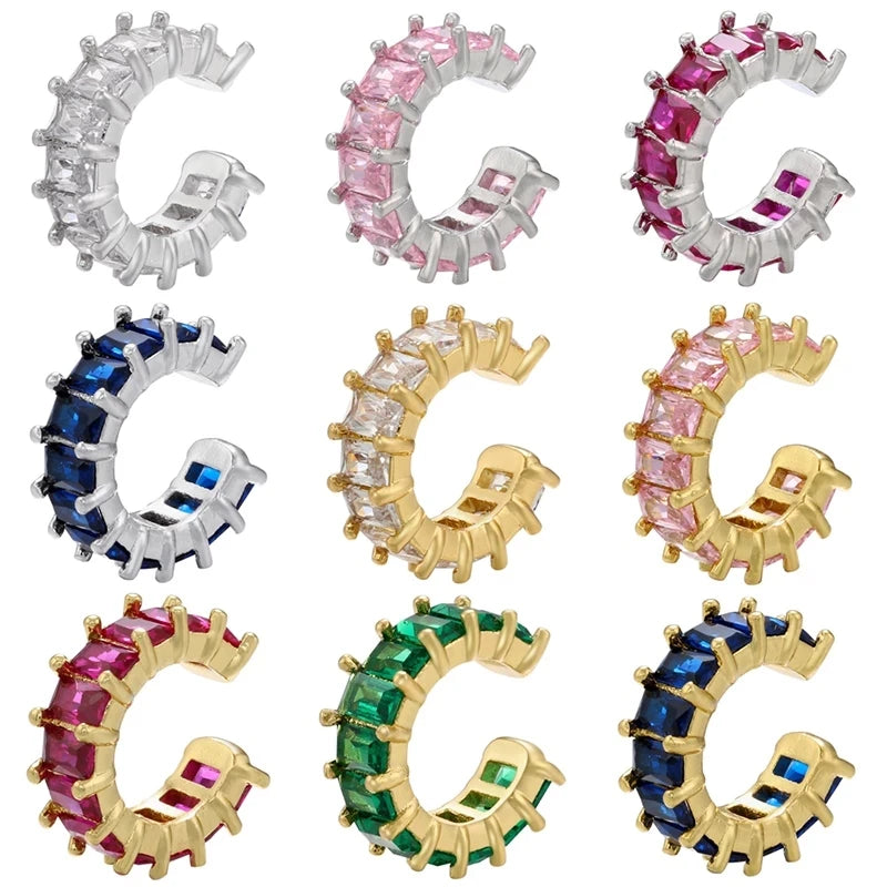 1 Piece Ear Clip on Earring Cuff Rainbow CZ Gold Silver Color Earing Jewelry Aretes Non Pierced Blue Black Clear Clipping