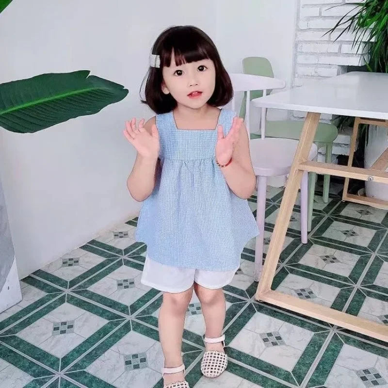 Girls Clothes Sets Summer Kids Casual Clothing for Girls Checked Straps+White Shorts Children's Baby Girl Outfit
