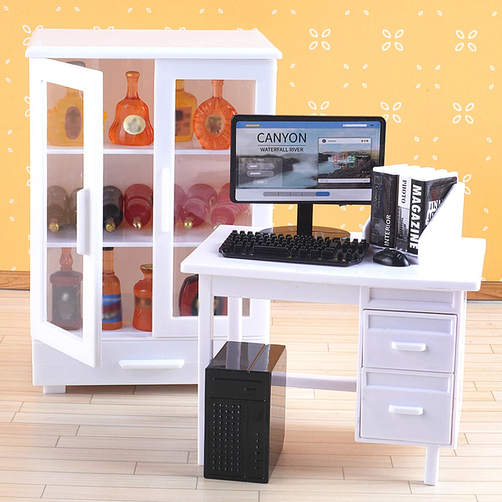1:12 Dollhouse Miniature Office Furniture Set Simulation Computre Desk Model Bookshelves Doll House Decoration Accessories