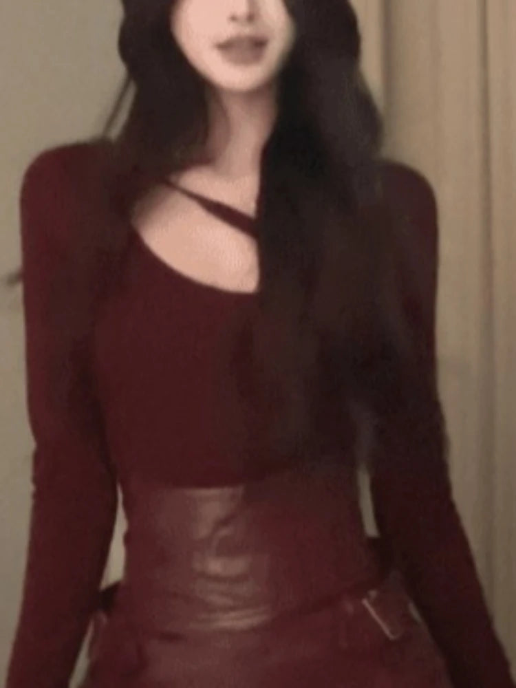 Fashion Retro Sexy 2 Piece Set Womem Slim Fit Long Sleeve Hollow Out Tops + Faux Leather Belted Mini Skirt Casual Elegant Outfit