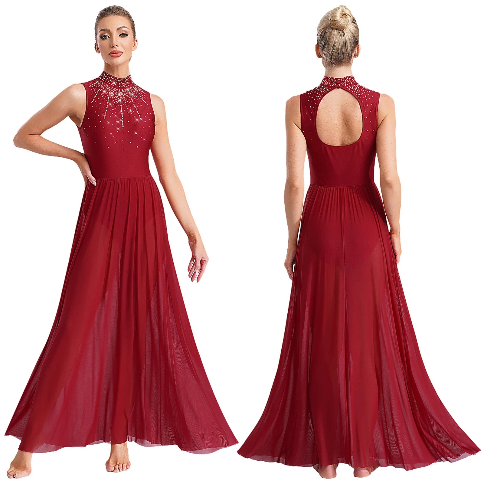 Womens Ballet Lyrical Dance Dress Cutout Back Full Length Overlay Leotard Costume Latin Rumba Tango Maxi Dress Long Dancewear