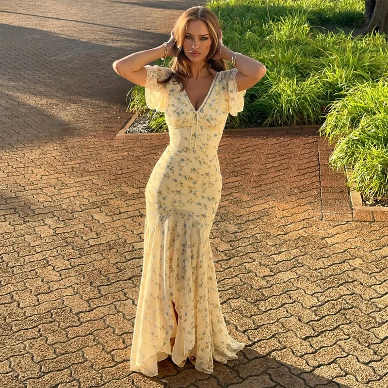 Fashion Organza Floral Printed Maxi Dress V-Neck Puff Sleeve 2026 Spring/Summer Romantic Women Party Gown Elegant Lady Vestido