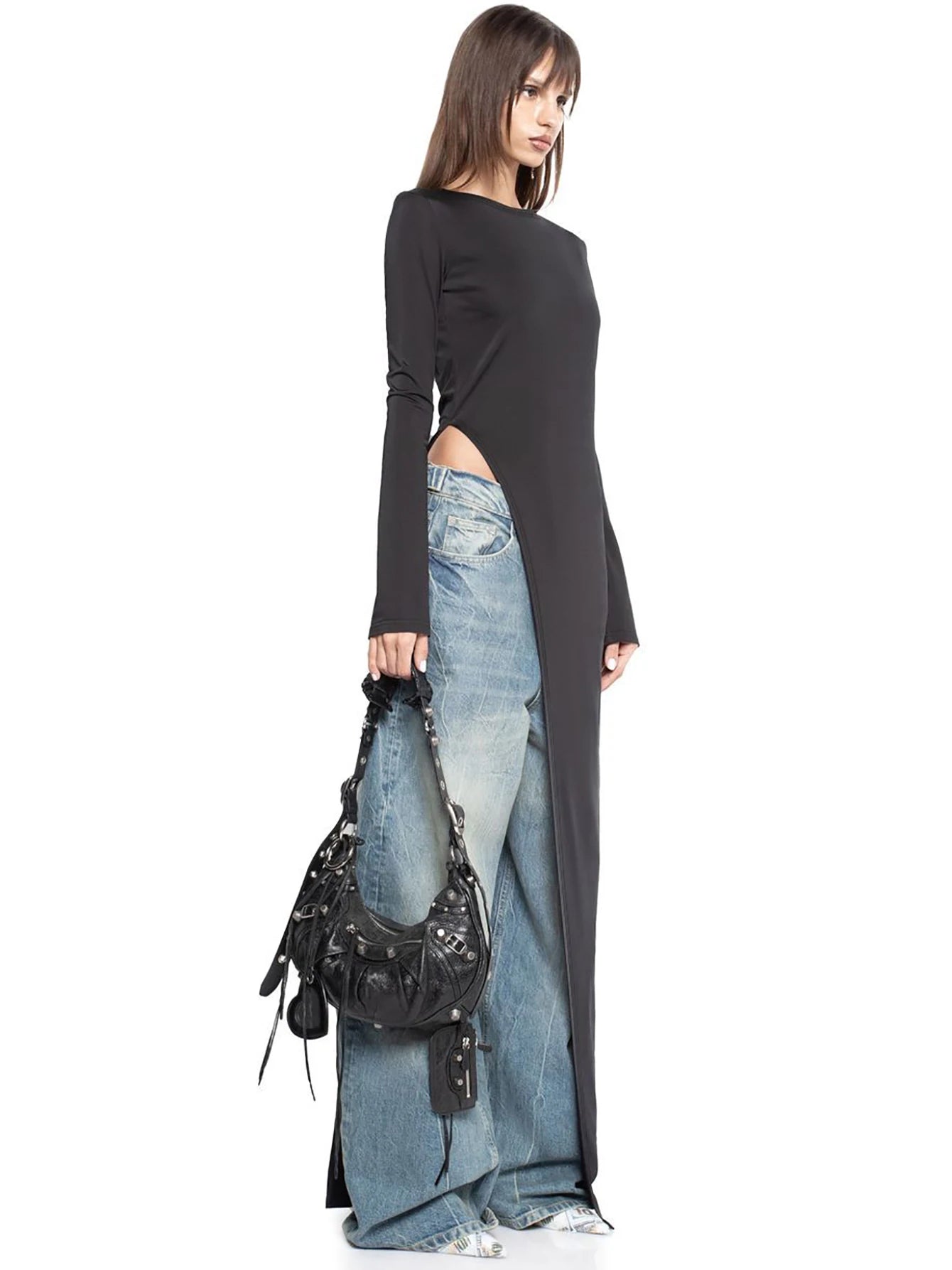 Dulzura Long Sleeves Side High Slit Maxi Dress Solid Sexy Long Dress Women’S Party Club Streetwear Autumn Winter Outfit