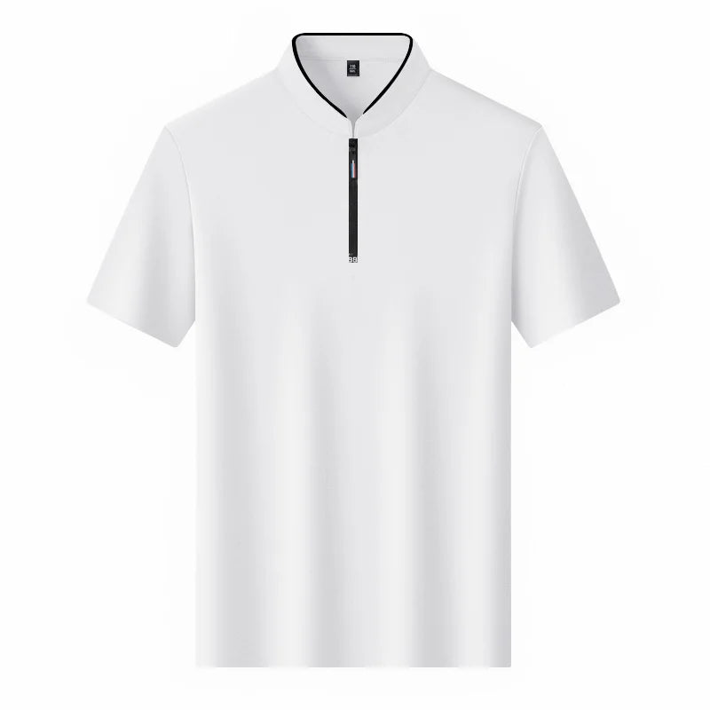 2025 New Men's Casual Fashion Zipper Solid Color Short Sleeved Polo Shirt Stand Up Collar Versatile Comfortable Top