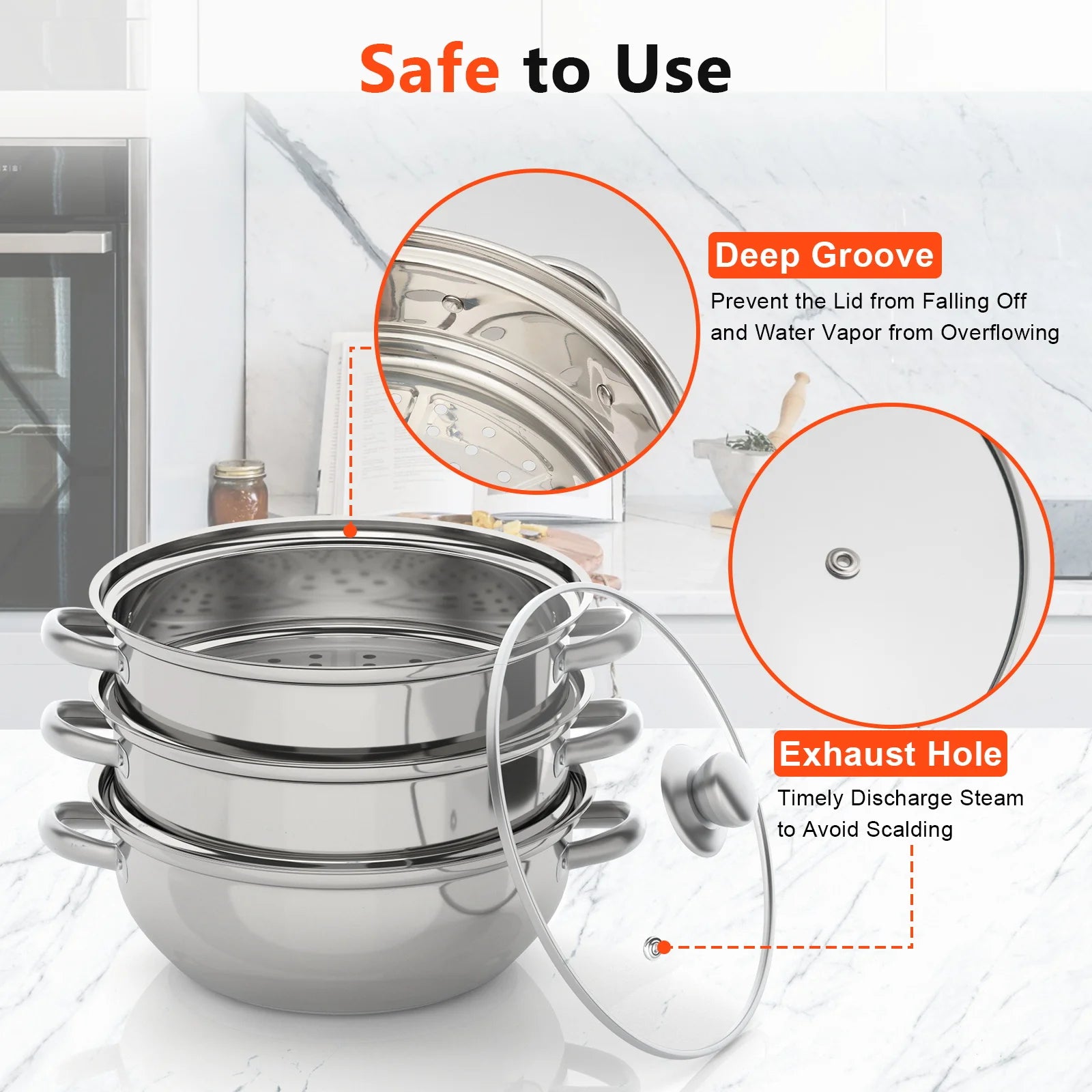 28CM Stainless Steel Steam Cooker Multi-Function 3 Tier Steamer Pot Cookware for Cooking Veg Meat Soups Seafood