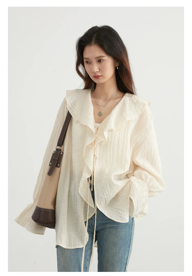 CHIC VEN Women Shirt Loose Casual Ruffled Edges Female Blouses V Neck Lace Up Mid Length Woman Shirts Spring Summer 2026
