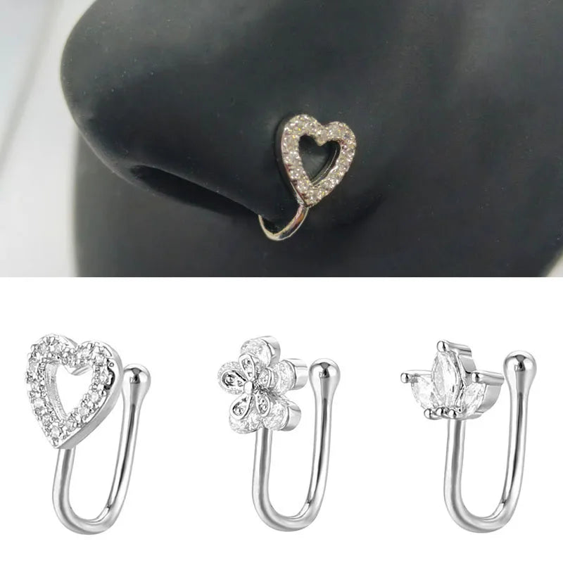 Women Fake Piercing Accessory Pack 1 or 3 Pieces, 316L Surgical Steel C-Shape Clip On Septum Rings & Ear Cuffs