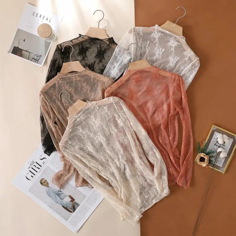 Women's Mesh T-Shirts Long Sleeve Transparent Lace Blouse Sheer See through Top Bottoming Shirt Crop Body Tee