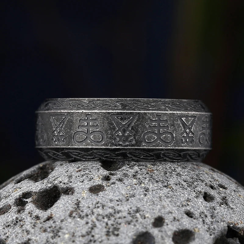 Vintage Gothic Lucifer Seal of Satan Signet Rings Punk Stainless Steel Seal Rings With Black Stone Pagan Jewelry Party Man Gift