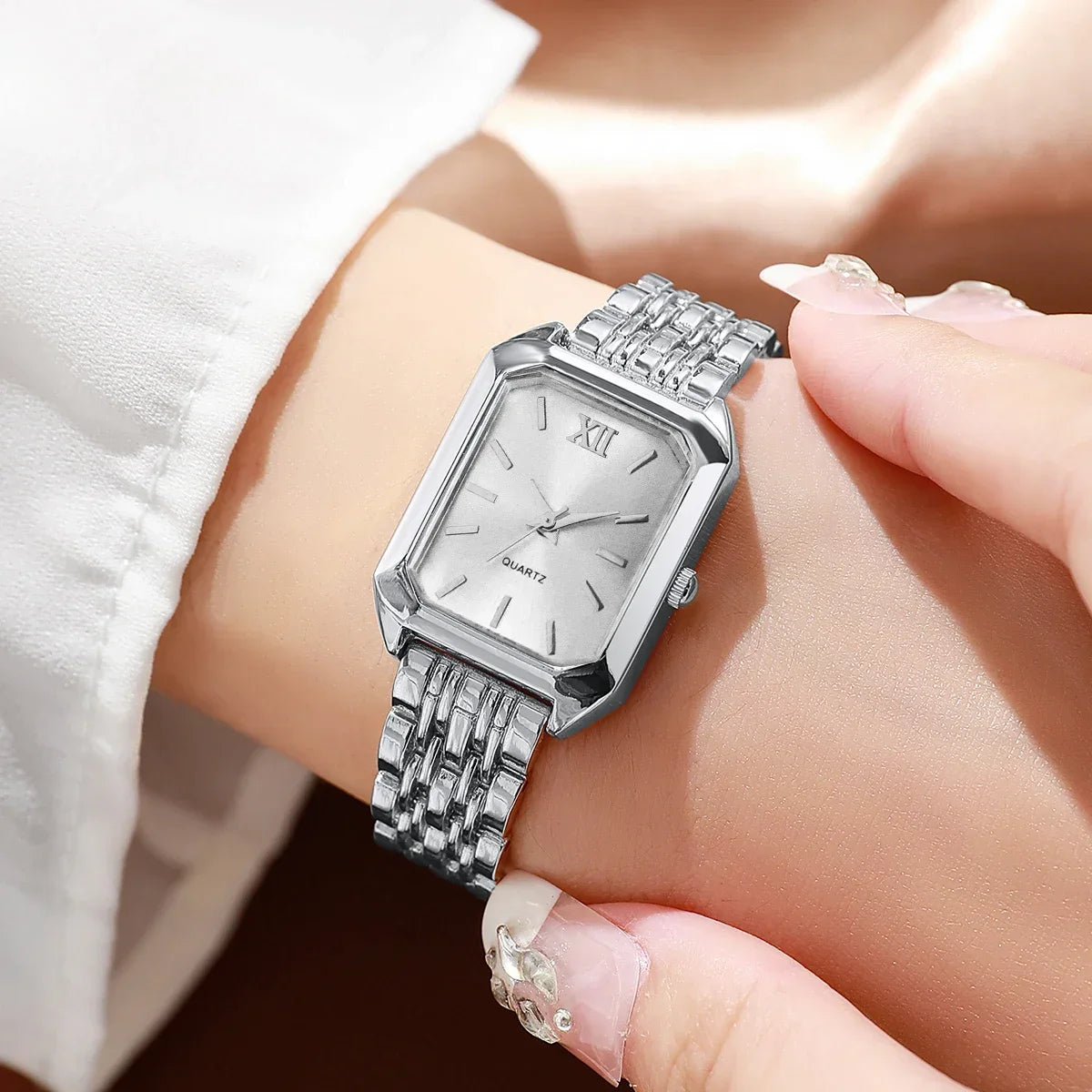 2PCS Fashion Rectangle Women Quartz Watch Rhinestone Bracelet Set Roma Dial Ladies Wristwatches Girls Clock Reloj Mujer