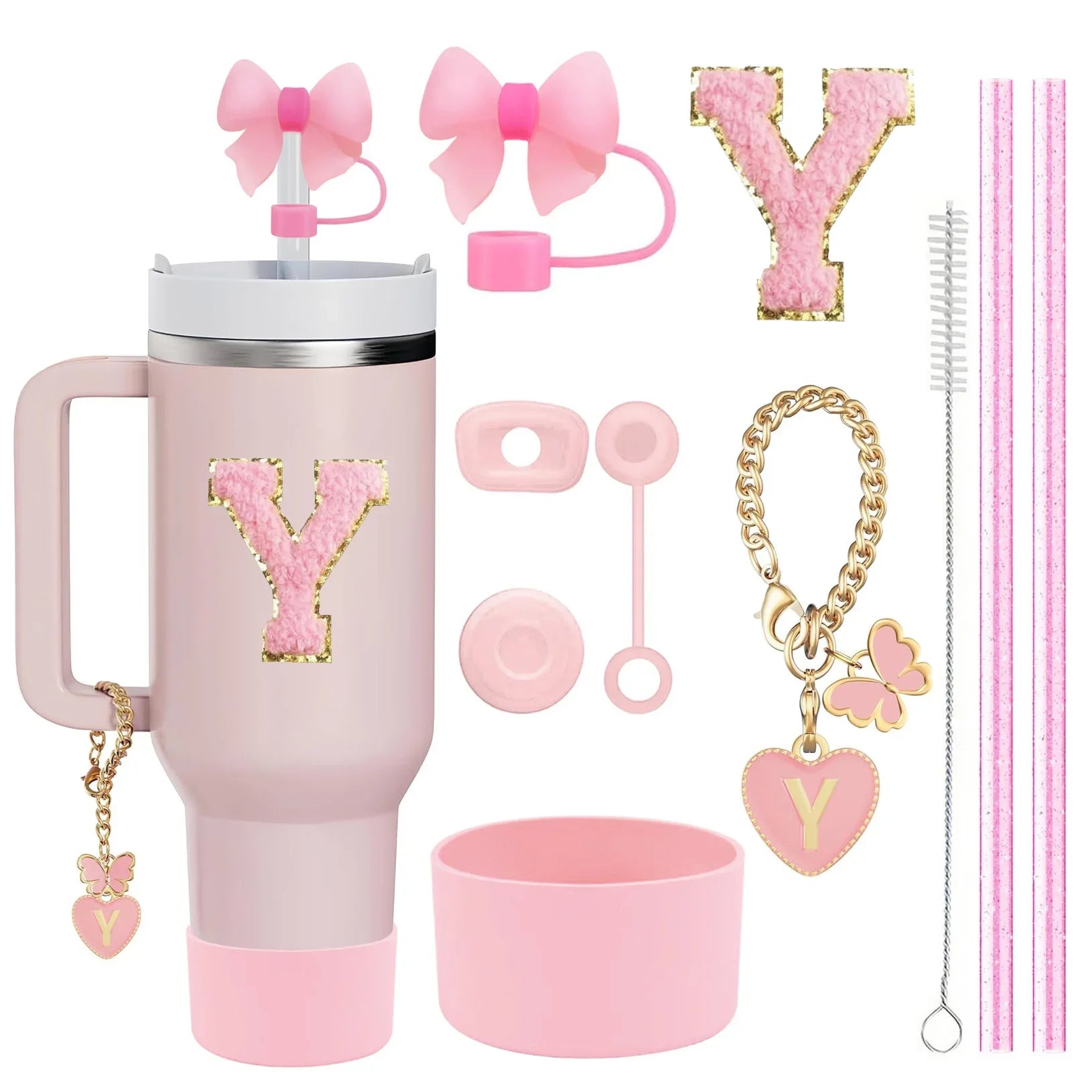10PCS Accessories Set for Stanley Cup, 2 Straw and Brush and 1 Flower Charm Chain 3 Spill Proof Stopper Flowers Straw Cover Boot