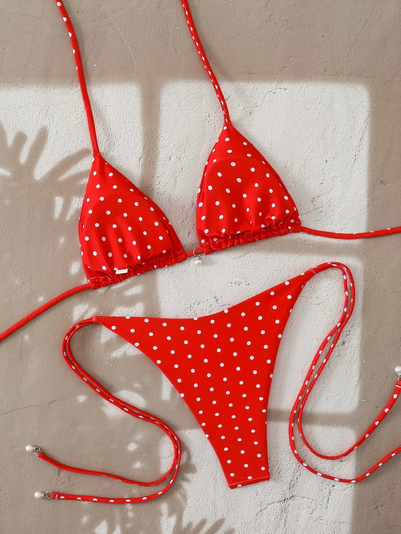 Women's Sexy Polka Dot Halter Bikini Set Lace-Up Low Waist Two-Piece Triangle Thong Swimwear Tie On Side Brazilian Biquinis