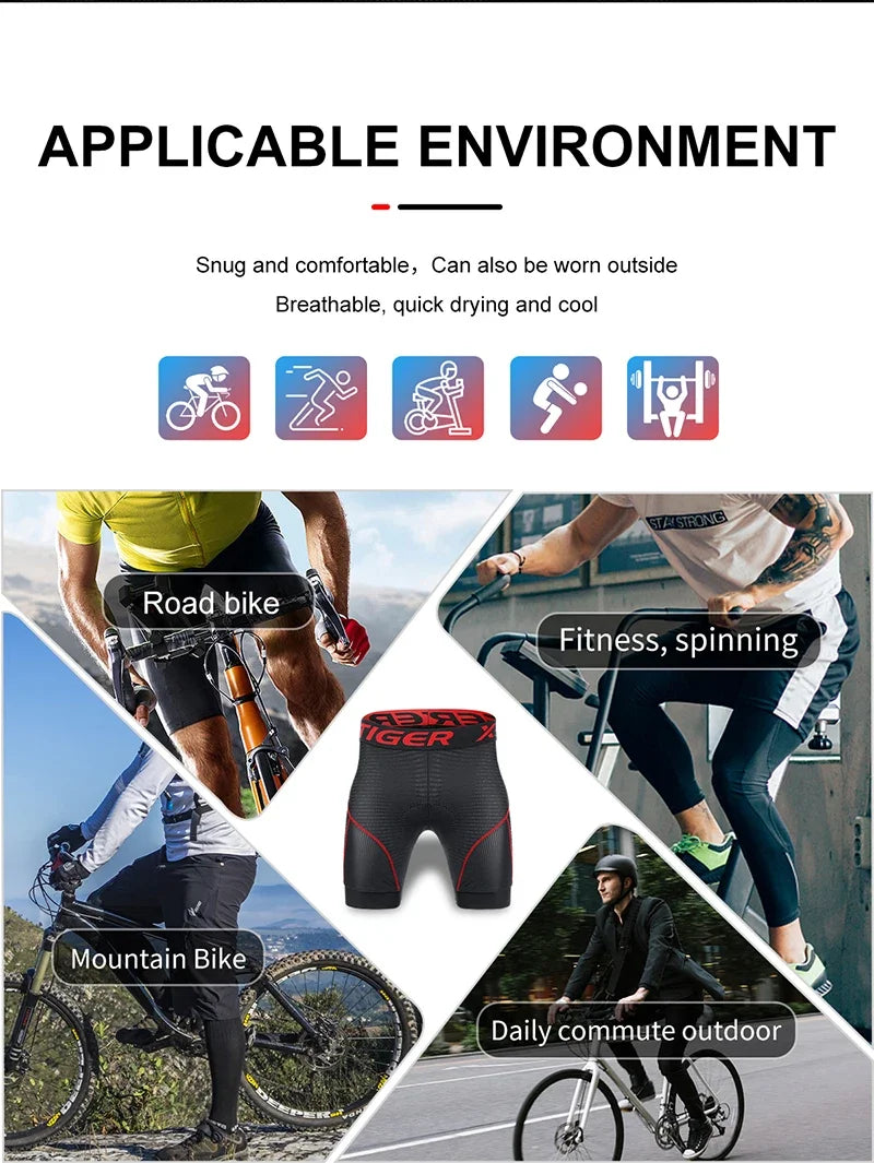 X-TIGER Cycling Underwear Men's Shorts 5D Padded Breathable Sports Riding Bike Bicycle MTB Liner Shorts with Anti-Slip Leg Grips