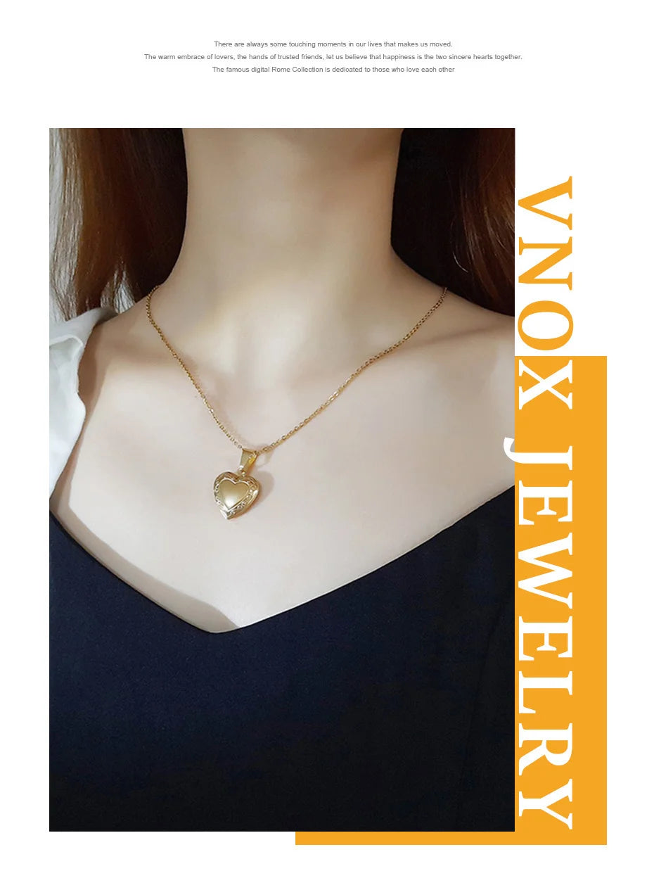 Vnox Customize Picture Name Women Necklaces Heart Locket Pendant Family Image Personalized Anniversary Gift