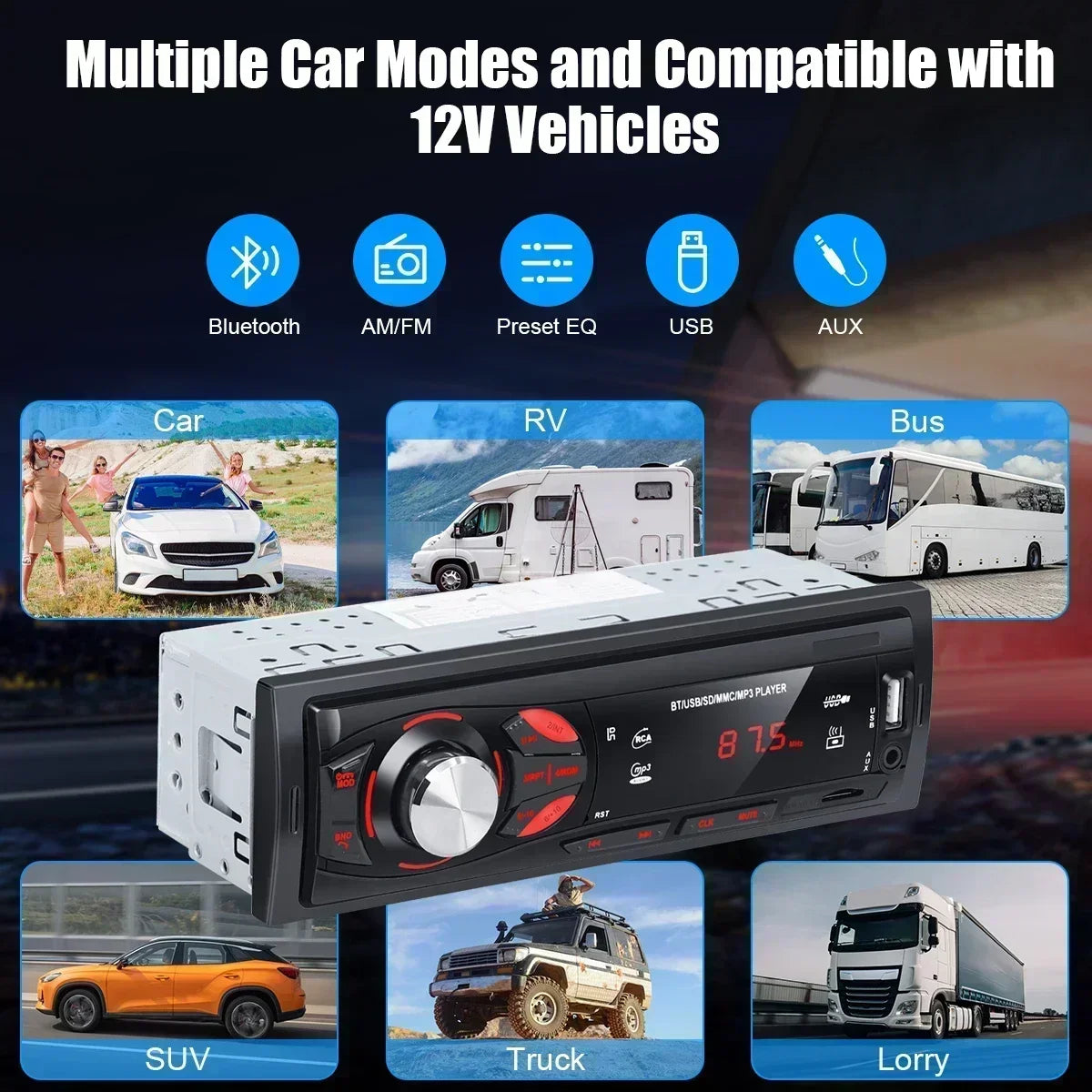 Bluetooth Enabled Stereo Car Radio, FM Receiver with MP3 & Hands-free Calling Including Card Insertion
