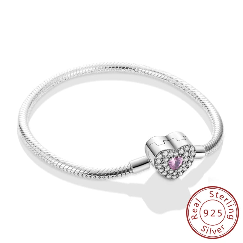 Bracelet Original 925 Sterling Silver Charm Bracelet 17-20CM Love Heart Pave Zirconia Bracelet for Women DIY Charm Jewelry Gifts