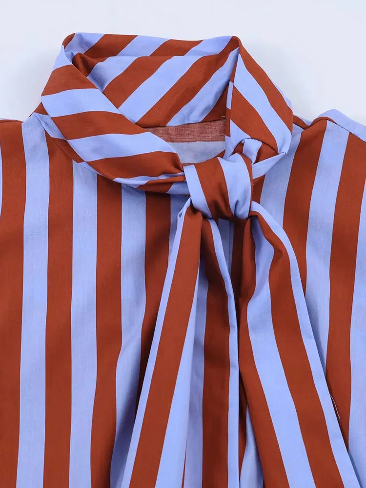 Women New Music Festival Chic Blouse Women's Loose Fit Striped Shirt Bow Single Breasted Simple Casual Female Top