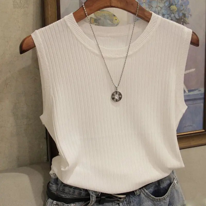 2026 Summer New Fashion Knitted Vests O-neck Sleeveless Casual Thin Tops Sleeveless Blouse Women Shirt