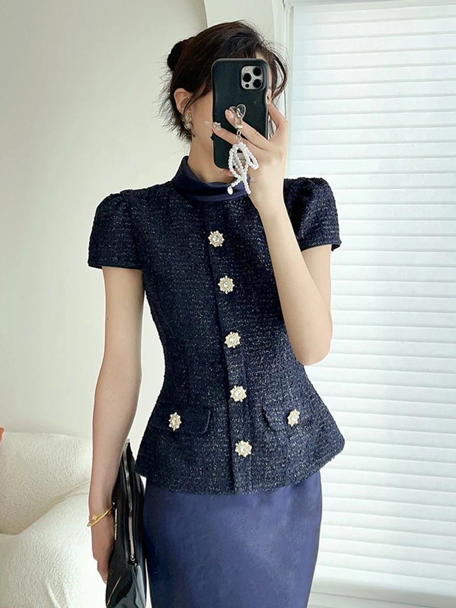 VGH Chic Two Piece Sets for Women Stand Collar Short Sleeves Spliced Pocket Tweed Top High Waist Maxi Skirts Vintage Suit Female