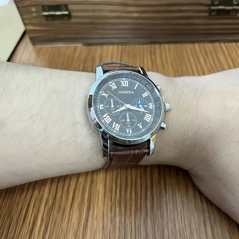 Fashion Leather Strap Men Business Watches Round Dial Male's Analog Quartz Wristwatch Reloj Hombre（Without Box）
