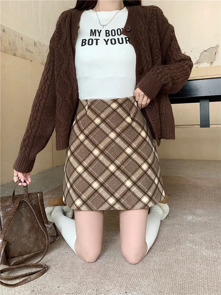 ITOOLIN Womem Vintage Plaid Tweed A-line Skirt Casual High Waist Mini Skirt Women Preppy Style Bodycon Skirts Spring Summer 2026