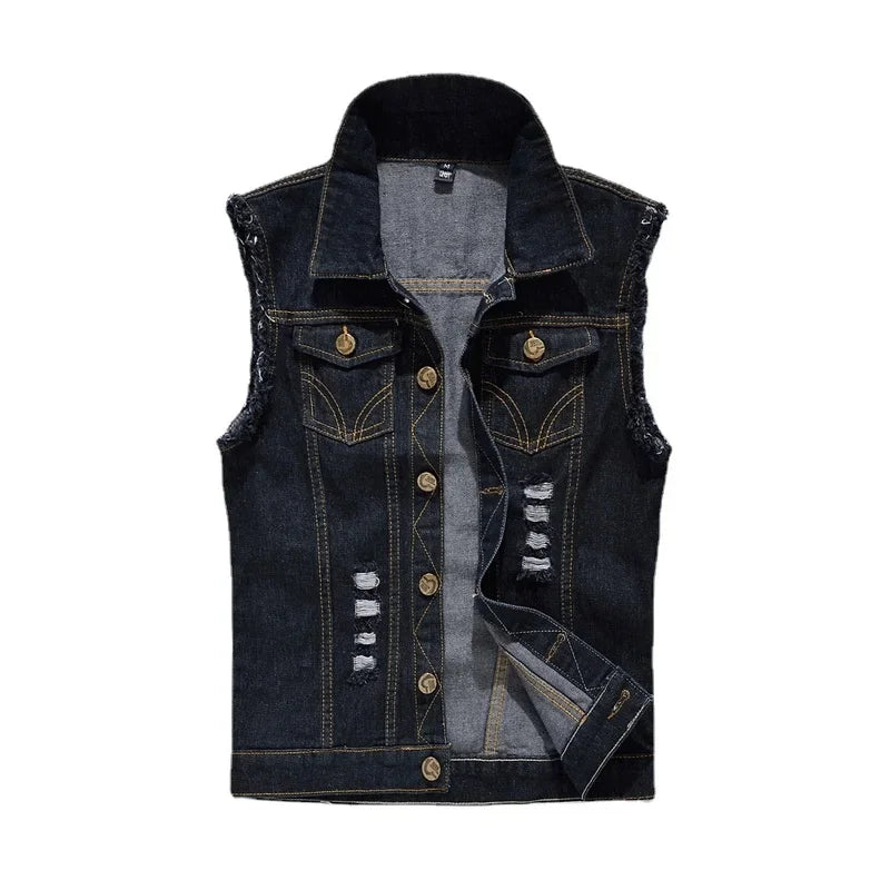Men Denim Vests Jackets Waistcoats Light Blue Ripped Denim Coats Vests New Fashion Male Cotton Slim Black Jeans Waistcoats 6XL