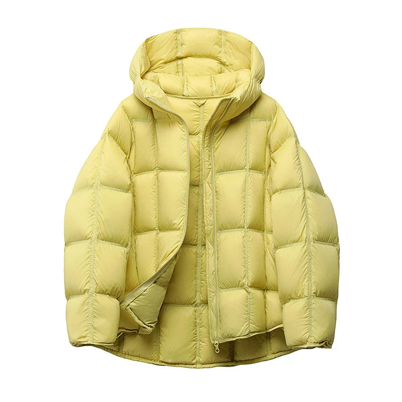 Schinteon Women Light White Down Jacket with Hood Loose Over Size Casual Autumn Winter Outwear Square Warm Short Coat 2026 New