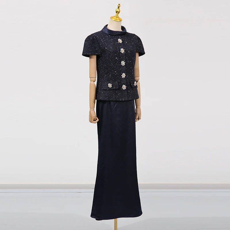 VGH Chic Two Piece Sets for Women Stand Collar Short Sleeves Spliced Pocket Tweed Top High Waist Maxi Skirts Vintage Suit Female