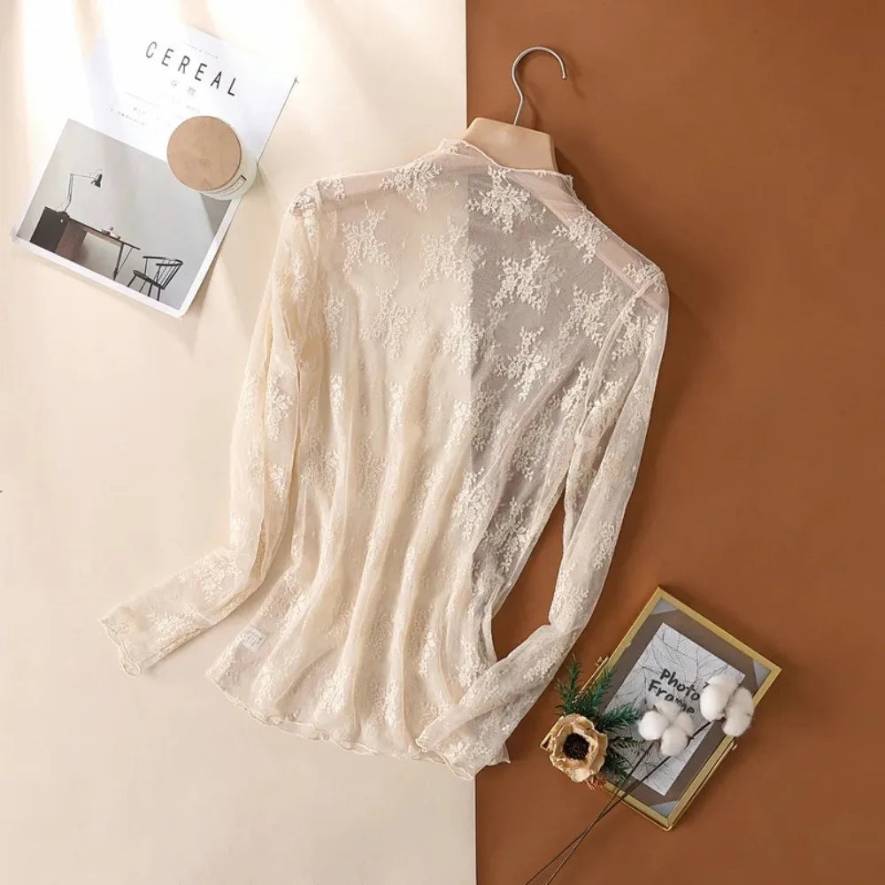 Women's Mesh T-Shirts Long Sleeve Transparent Lace Blouse Sheer See through Top Bottoming Shirt Crop Body Tee