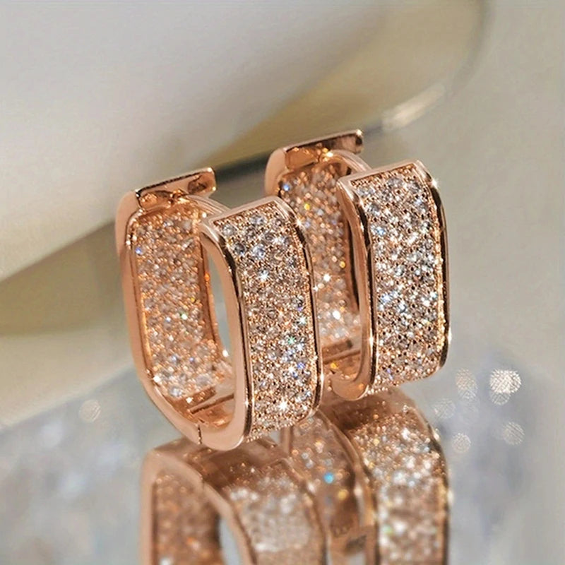 Huitan Korean Fashion Paved CZ Hoop Earrings for Women Metal Silver Color/Gold Color Simple Versatile Earrings Hot Jewelry