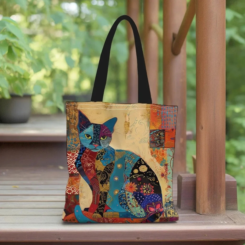 Floral Cat Pattern Tote Bag, Aesthetic Canvas School Shoulder Bag, Lightweight Grocery Shopping Bag