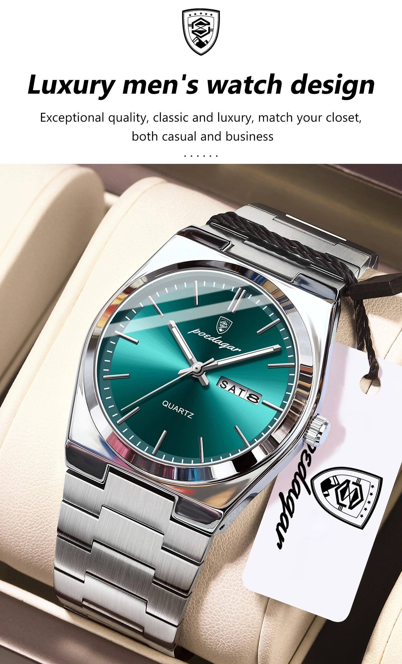 POEDAGAR Luxury Men's Watches Luminous Waterproof Stainless Steel Casual Men Clock Date Week Quartz Fashion Man Wristwatch Reloj