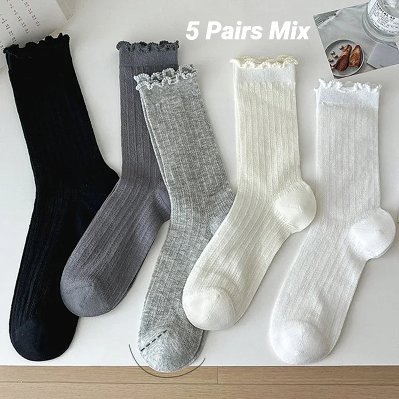 Women Solid Color Mesh Mid Tube Socks Spring Summer Thin Lightweight Breathable Wavy Edge Ballet Style Casual Hollo