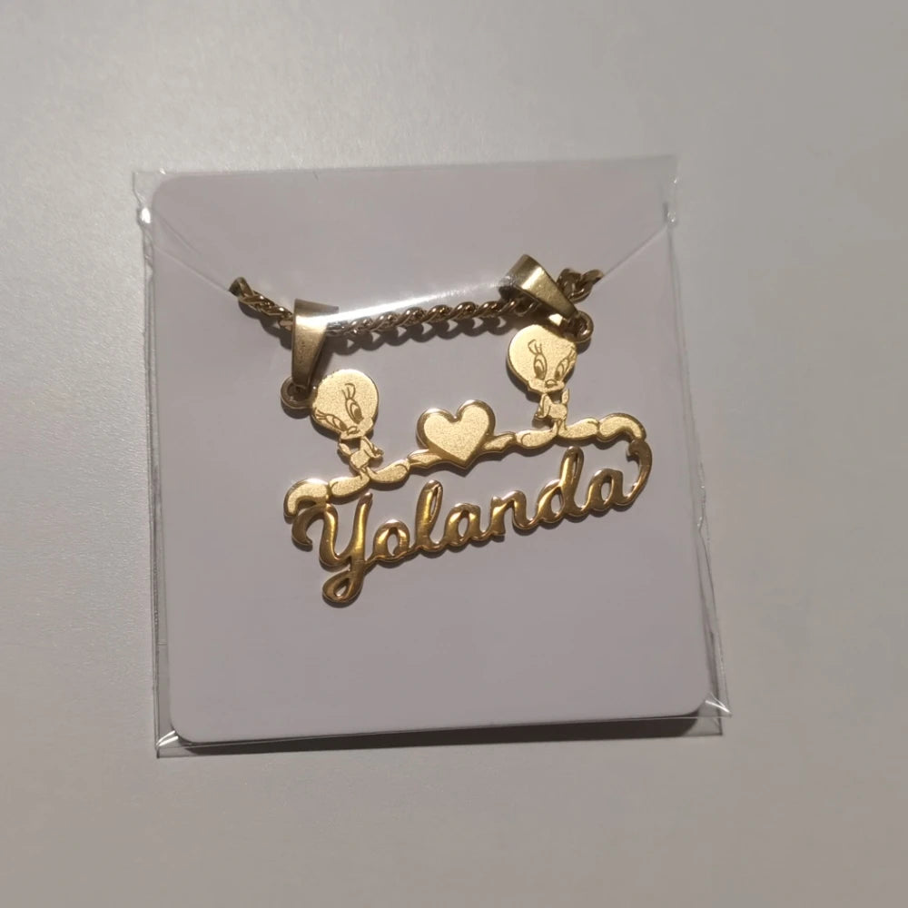 Custom Removable Cartoon Character Name Pendant Gold Color Stainless Steel Heart Nameplate Necklaces For Women Girl Kids