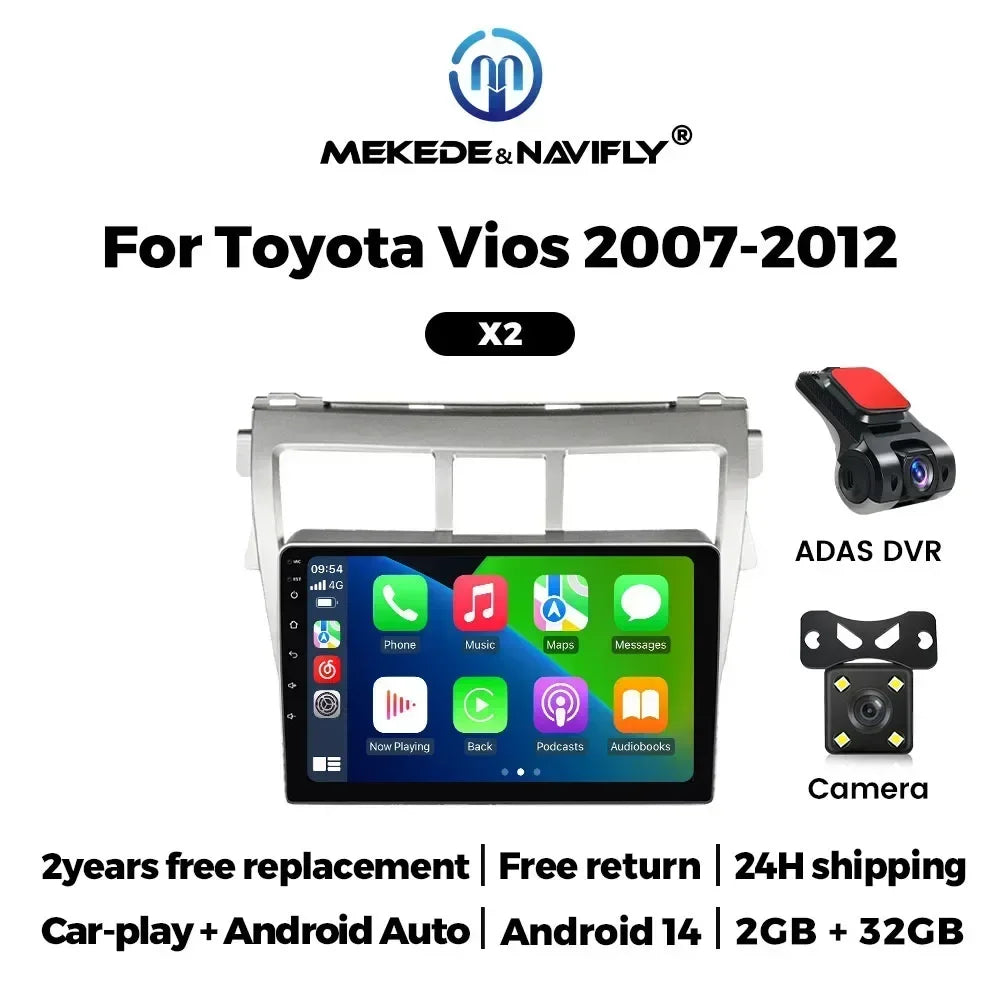 Wireless for CarPlay Android Auto Car Radio for Toyota VIOS Yaris 2007-2012 Video Multimedia Player GPS Stereo Head Unit BT WiFi